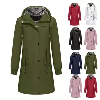 Женская однотонная куртка Hardshell с капюшоном и длинными рукавами, ветровка в полоску для походов на открытом воздухе, куртка средней длины, водонепроницаемая куртка L армия зеленый