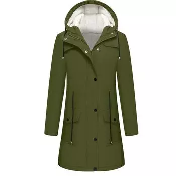 Женская однотонная куртка Hardshell с капюшоном, ветровка с длинным рукавом и флисовая куртка для походов на открытом воздухе, куртка средней длины, водонепроницаемая куртка L армия зеленый