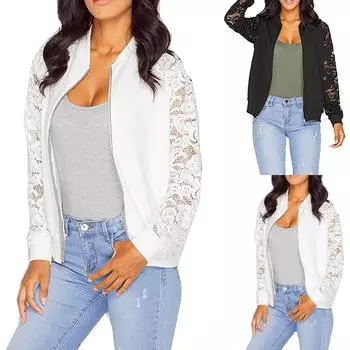 Женская однотонная куртка на молнии с длинными рукавами и кружевной строчкой, верхняя куртка One size чёрный