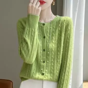 Женская однотонная куртка нежного темперамента на весну и осень с круглым вырезом и переплетенными нитками 2XL