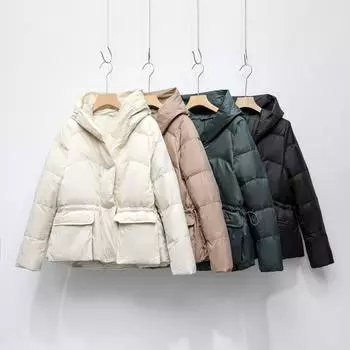 Женская однотонная куртка-пуховик с капюшоном Feather, утолщенная короткая куртка с большим карманом M бежевый