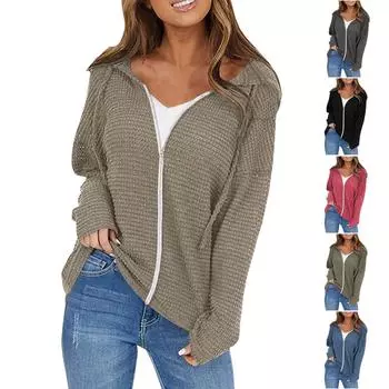 Женская однотонная куртка с капюшоном и шнурком, модный повседневный кардиган на молнии, топ с длинными рукавами XL коричневый