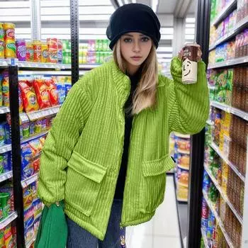 Женская однотонная куртка с воротником-стойкой, повседневная осенне-зимняя теплая свободная толстая короткая верхняя одежда на молнии спереди, модная шикарная верхняя одежда S чёрный