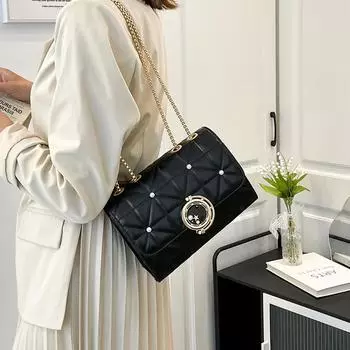 Женская однотонная квадратная сумка через плечо с магнитной пряжкой для отдыха из искусственной кожи, наклонные сумки через плечо, регулируемый ремешок-цепочка One Size бежевый