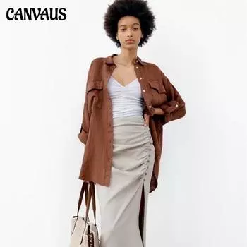 Женская однотонная льняная рубашка со свободными карманами и лацканами, женские весенне-осенние свободные блузки больших размеров, женские топы XS бежевый