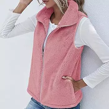 Женская однотонная легкая плюшевая куртка без рукавов с карманом и молнией больших размеров 4XL чёрный