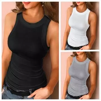 Женская однотонная майка в рубчик с круглым вырезом, женская летняя базовая эластичная майка с круглым вырезом, однотонная майка на бретельках S чёрный
