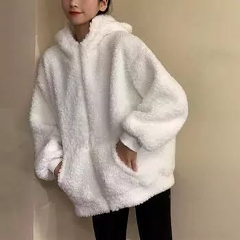 Женская однотонная милая куртка на молнии с длинными рукавами и карманом на молнии с ушками M белый