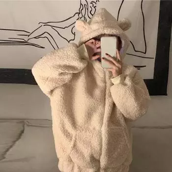 Женская однотонная милая куртка на молнии с длинными рукавами и карманом на молнии с ушками S хаки