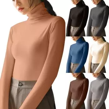 Женская однотонная многослойная футболка с высоким воротником и длинным рукавом L