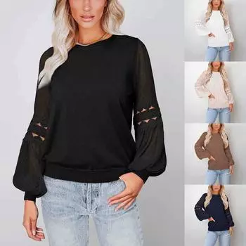 Женская однотонная модная футболка с длинными рукавами и круглым вырезом, топ, темперамент, универсальная футболка с рукавами M чёрный