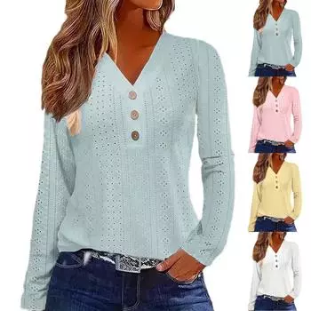 Женская однотонная модная футболка с V-образным вырезом и длинными рукавами на пуговицах L синий