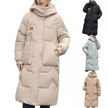 Женская однотонная модная повседневная куртка-пуховик из хлопка со съемной шапкой длиной до колена с утолщенной молнией L бежевый