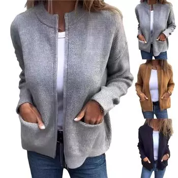 Женская однотонная модная повседневная куртка с воротником-стойкой и застежкой-молнией, свободная куртка с карманами L чёрный