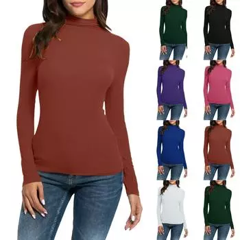 Женская однотонная модная повседневная однотонная футболка с полувысоким воротом, облегающая, эластичная, базовый топ L армия зеленый