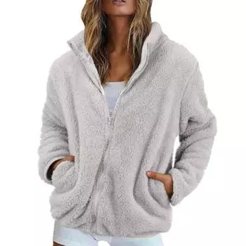 Женская однотонная модная зимняя свободная куртка с высоким воротом из длинного флиса и плюша, теплая куртка на молнии L