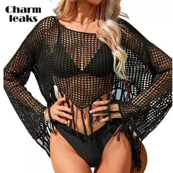 Женская однотонная накидка Charmleaks с вырезом на крючках, пляжная юбка-смок с цветочным принтом и длинными рукавами с кисточками S белый