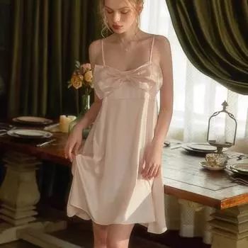 Женская однотонная ночная рубашка из ледяного шелка, летняя легкая легкая галстук-бабочка спереди, свободное сексуальное домашнее платье, дышащая, мягкая, удобная, элегантная пижама M