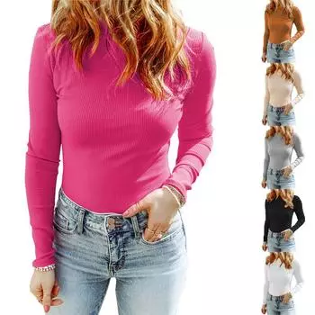 Женская однотонная облегающая футболка с круглым вырезом, женский пуловер с длинными рукавами S белый