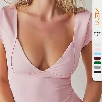 Женская однотонная облегающая футболка с v-образным вырезом и глубоким вырезом на груди, сексуальный топ S чёрный