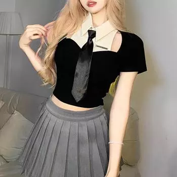 Женская однотонная облегающая футболка в европейском и американском стиле на весну и лето с открытым пупком, модная контрастная футболка с короткими рукавами и лацканами L чёрный