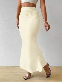 Женская однотонная облегающая юбка с завышенной талией и модным рыбьим хвостом L бежевый