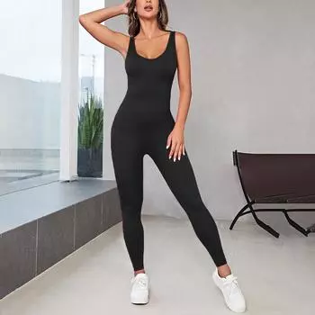 Женская однотонная одежда с открытой спиной для танцев, спортивная одежда для йоги и фитнеса, облегающий цельный костюм на эластичной основе S чёрный