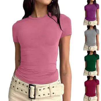 Женская однотонная однотонная повседневная футболка с круглым вырезом и коротким рукавом, пуловер S серый