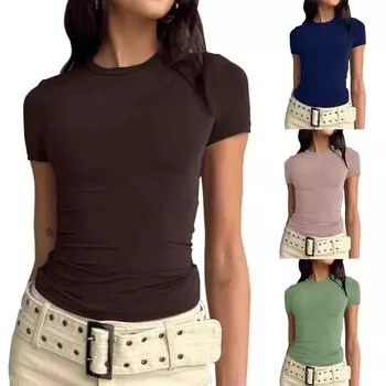 Женская однотонная однотонная повседневная футболка с круглым вырезом и коротким рукавом, пуловер XXXL армия зеленый