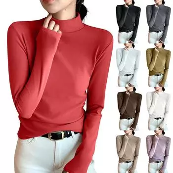 Женская однотонная однотонная рубашка с полувысоким воротом и облегающей футболкой с длинным рукавом L бежевый