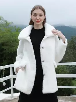 Женская однотонная осенне-зимняя теплая куртка с откидным воротником из норки и искусственного меха ONE SIZE белый