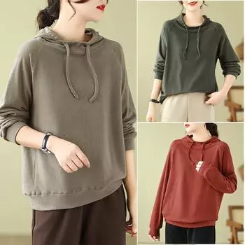 Женская однотонная осенняя рубашка, футболка, свободный новый пуловер, повседневный топ с капюшоном и длинным рукавом, футболки M красный
