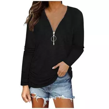 Женская однотонная плиссированная футболка с длинным рукавом на груди с застежкой-молнией L чёрный