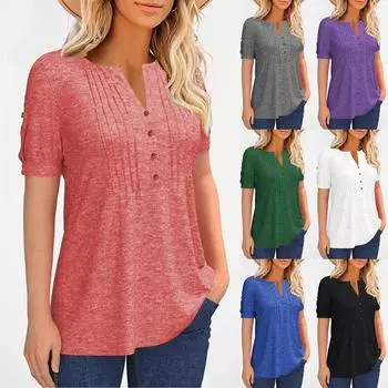 Женская однотонная плиссированная футболка свободного покроя с коротким рукавом и V-образным вырезом M чёрный