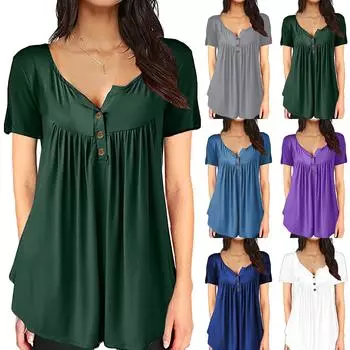 Женская однотонная плиссированная туника с v-образным вырезом и короткими рукавами, пуговицы, футболка, блузка