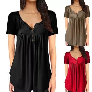 Женская однотонная плиссированная туника с v-образным вырезом и короткими рукавами, пуговицы, футболка, блузка