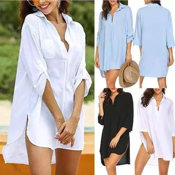 Женская однотонная пляжная блузка с v-образным вырезом и солнцезащитным кремом, женская мешковатая повседневная футболка с длинным рукавом S белый