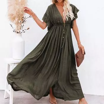 Женская однотонная пляжная накидка, длинное платье, рубашка от солнца, летняя одежда для отдыха на море one size