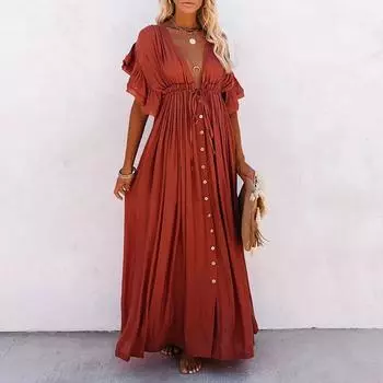 Женская однотонная пляжная накидка с длинной юбкой, рубашка от солнца, Гавайское платье для отдыха на море One Size красный