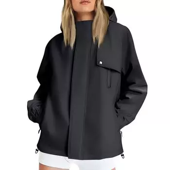 Женская однотонная полосатая дождевик на открытом воздухе плюс водонепроницаемый плащ с капюшоном ветрозащитный L чёрный