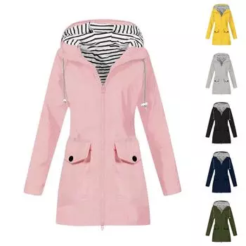 Женская однотонная полосатая дождевик на открытом воздухе плюс водонепроницаемый плащ с капюшоном ветрозащитный L армия зеленый