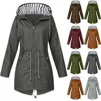 Женская однотонная полосатая куртка от дождя на открытом воздухе плюс средний и длинный водонепроницаемый плащ с капюшоном ветрозащитный L