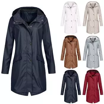 Женская однотонная полосатая куртка от дождя на открытом воздухе плюс средний и длинный водонепроницаемый плащ с капюшоном ветрозащитный L бежевый