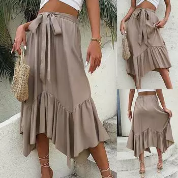 Женская однотонная полуюбка, асимметричная длинная плиссированная юбка трапециевидной формы с рюшами по краю и юбкой с высокой талией на шнуровке S хаки