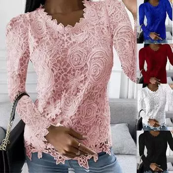 Женская однотонная повседневная блузка, вязаная крючком, кружевные топы с длинными рукавами, большие размеры S винный