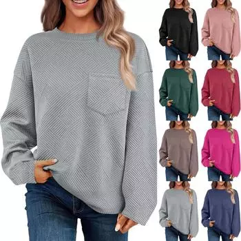 Женская однотонная повседневная фактура с карманами, с длинными рукавами, свитшот, круглый вырез, пуловер, топ XXL