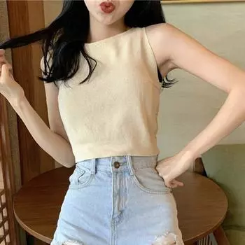 Женская однотонная повседневная футболка без рукавов с круглым вырезом на шнуровке и открытой спиной с кружевной строчкой One Size