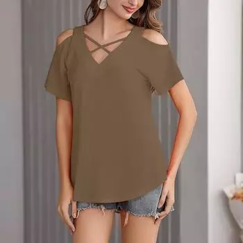 Женская однотонная повседневная футболка с открытыми плечами, V-образным вырезом и короткими рукавами XL