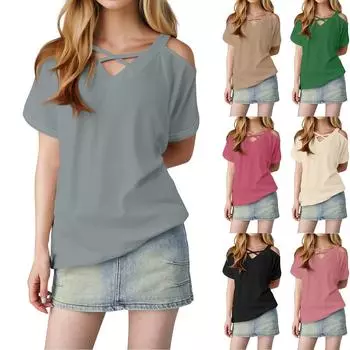 Женская однотонная повседневная футболка с открытыми плечами, V-образным вырезом и короткими рукавами S чёрный