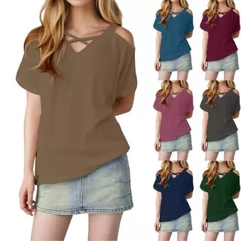 Женская однотонная повседневная футболка с открытыми плечами, V-образным вырезом и короткими рукавами XL киноварь